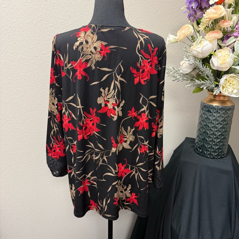 Catherines Floral Lace Trim Blouse OX 14/16W Black Red Beige Stretchy Top - Picture 4 of 8